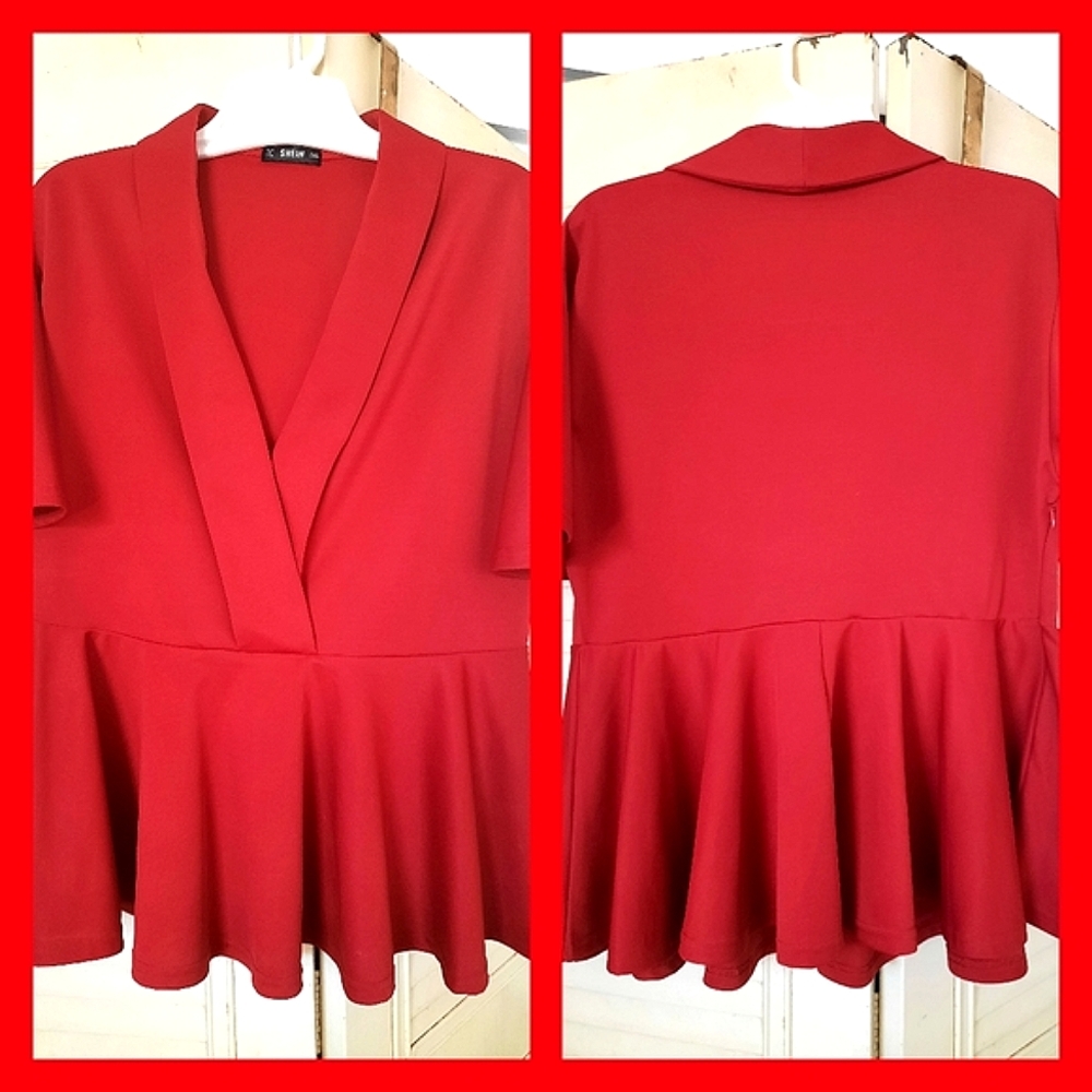 🌶🌶 SHEIN 1XL Red Short Sleeve Peplum Blouse 🌶🌶